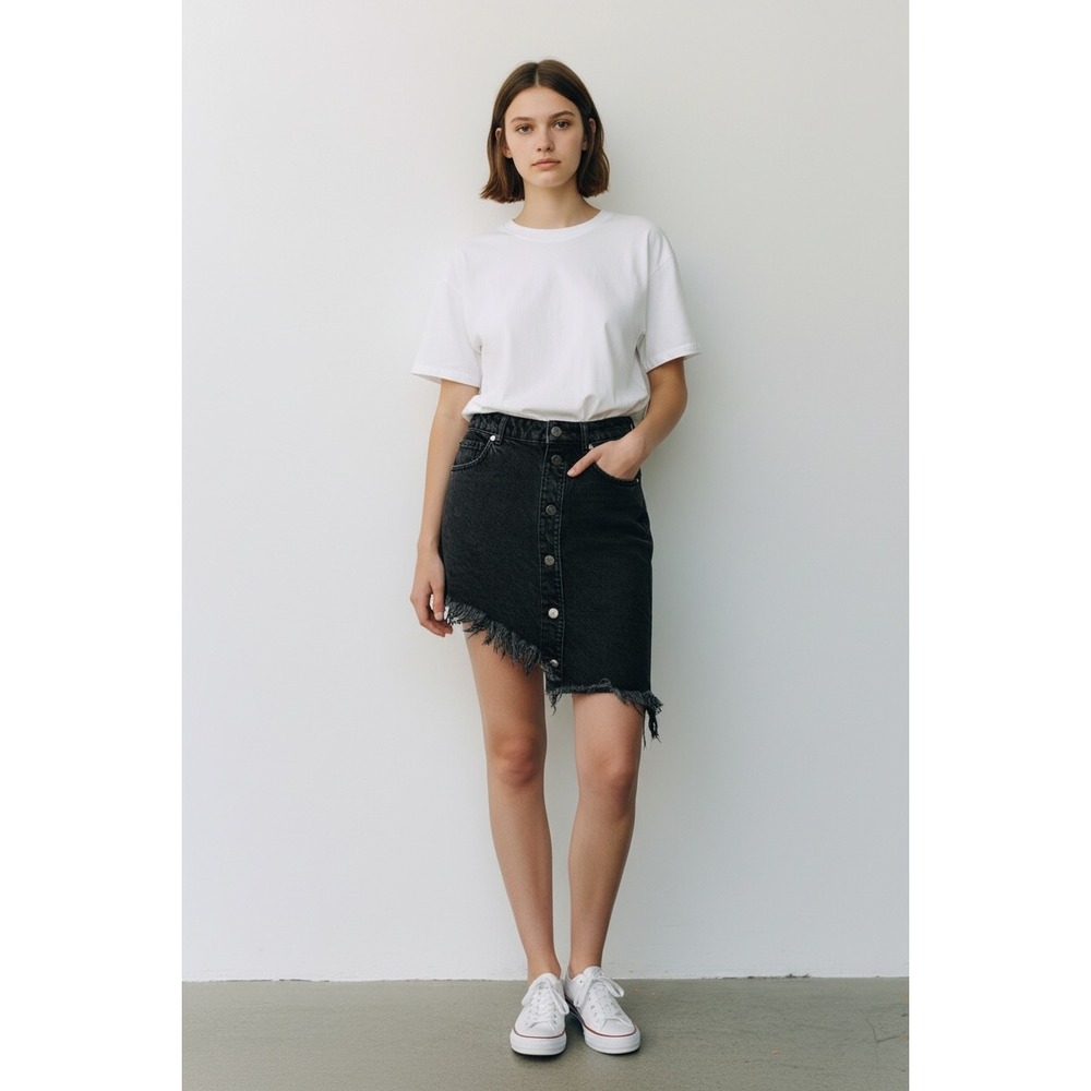 Retrofête Womens Asymmetrical Distressed Denim Mini Skirt Black Size XS